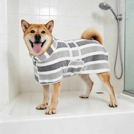 Quick-Drying Dog Bathrobe Striped Dog Wrap Towel with Belly Band Super Absorbent Pet Grooming Towel Robe for Dogs After Bath Machine Washable