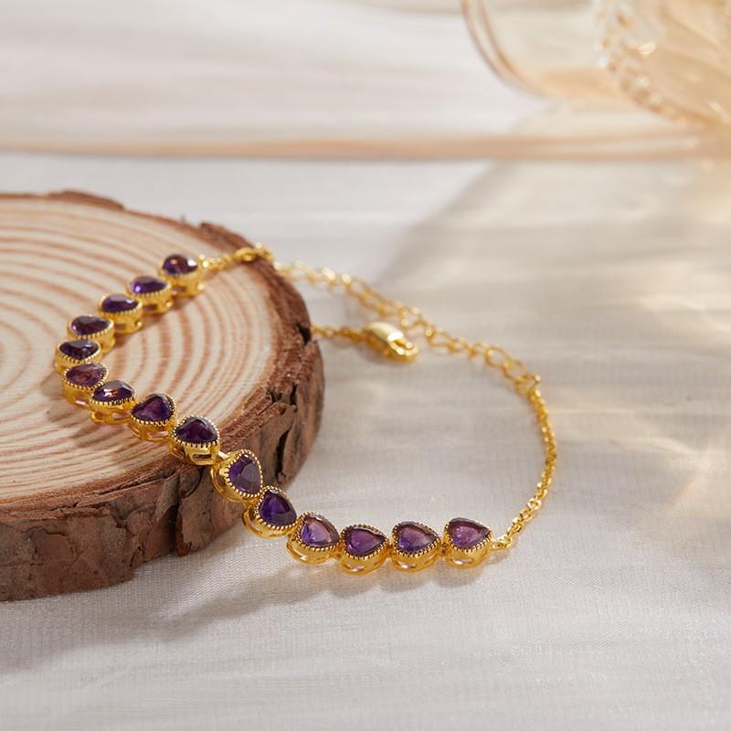 Sterling Heart Shape Bracelet With Natural Garnet Gemstone Women Sweet Style Daily Wear Jewelry