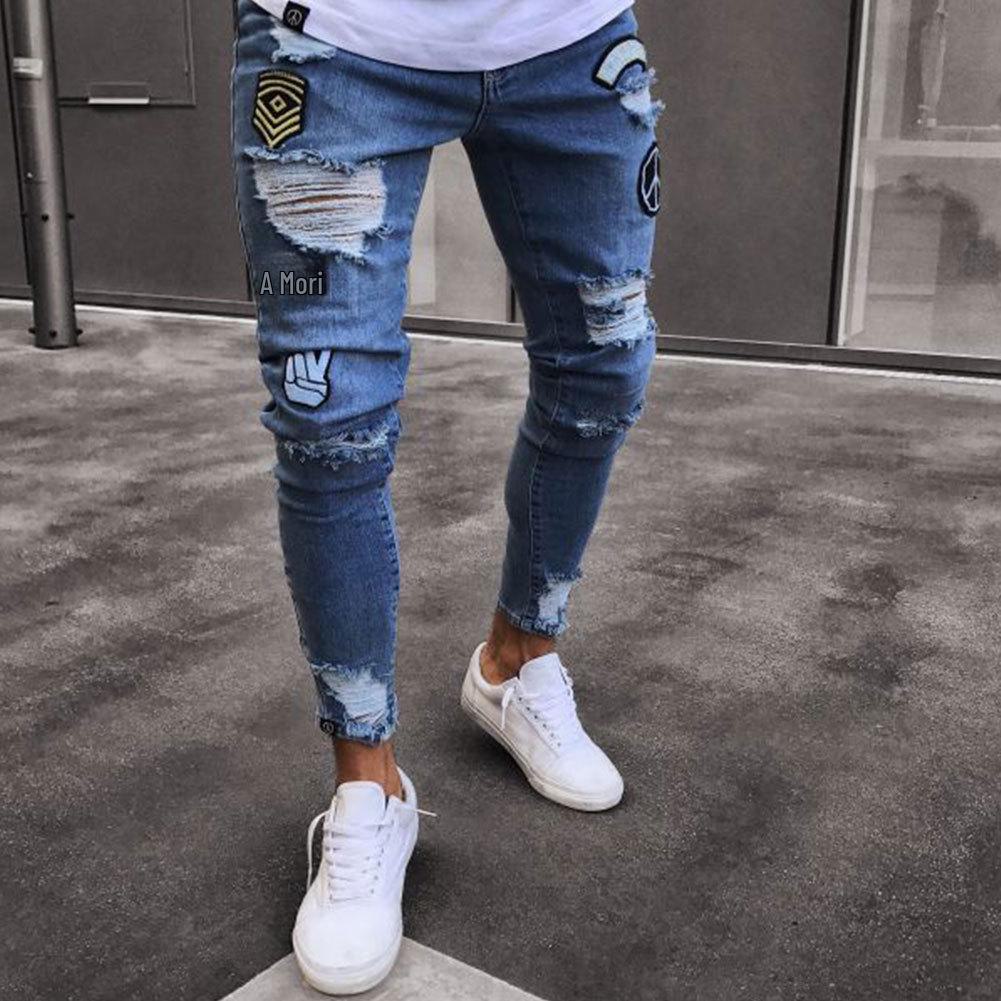 Europäische & Amerikanische Herren Skinny Jeans mit Reißverschluss und Knielöchern