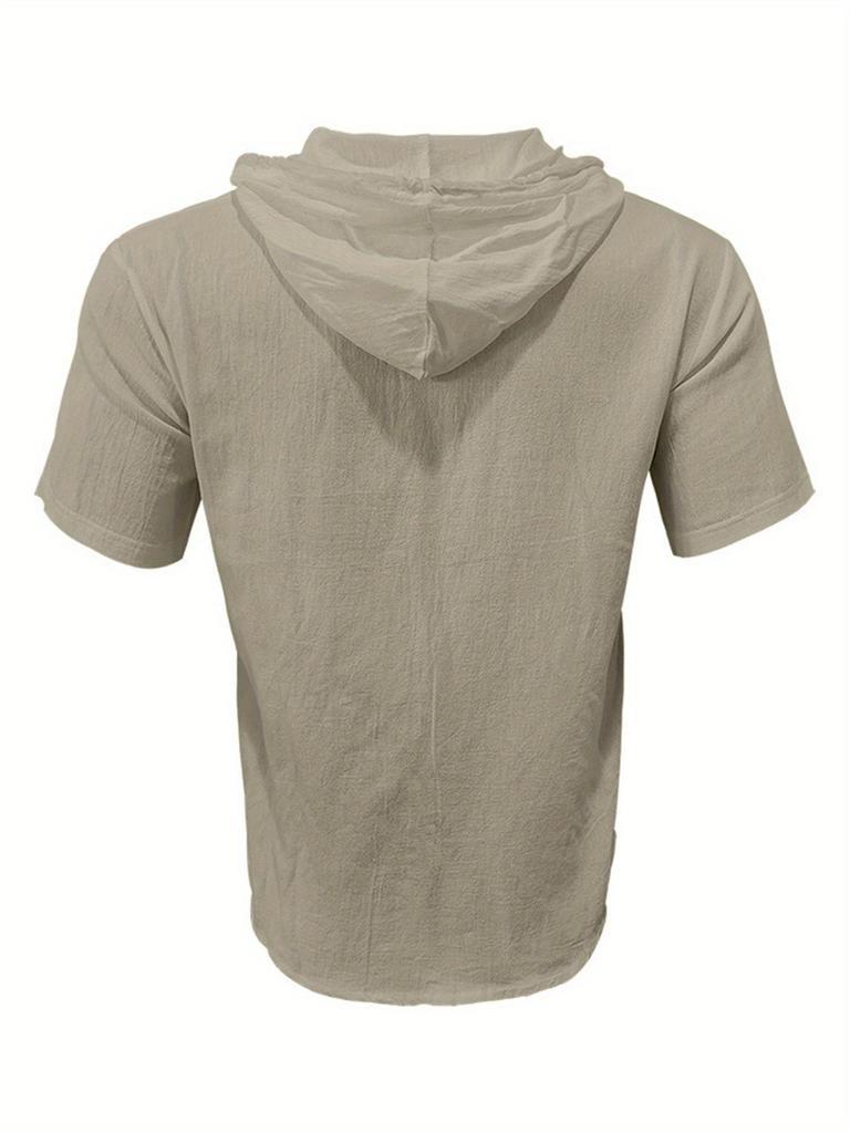 Men Summer Hooded Shirt Casual Solid Color Button Short Sleeve Hoodies Tops for Beach Vacation Streetwear