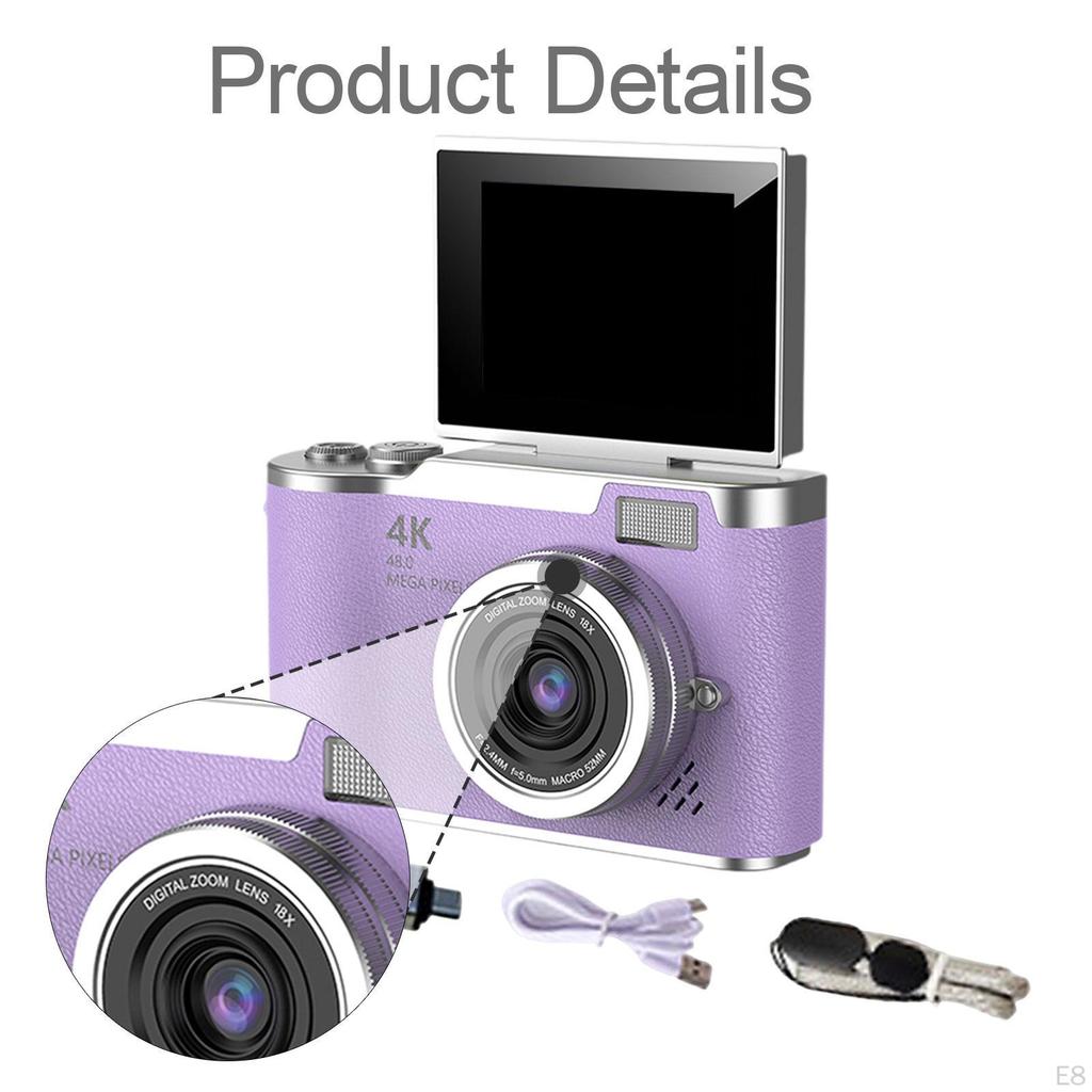 4K Digital Camera 180° Flip Screen 2.4 Inch 48MP 8x Zoom for Beginners Adults