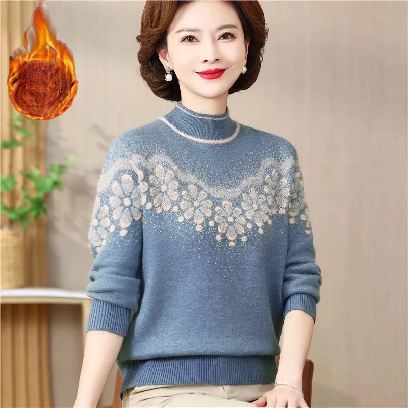 Women Winter Sweater High End Fashion Plush Tnicken Warm Knitted Pullover Middle-aged Women Elegant Jumper Femme Knitwear