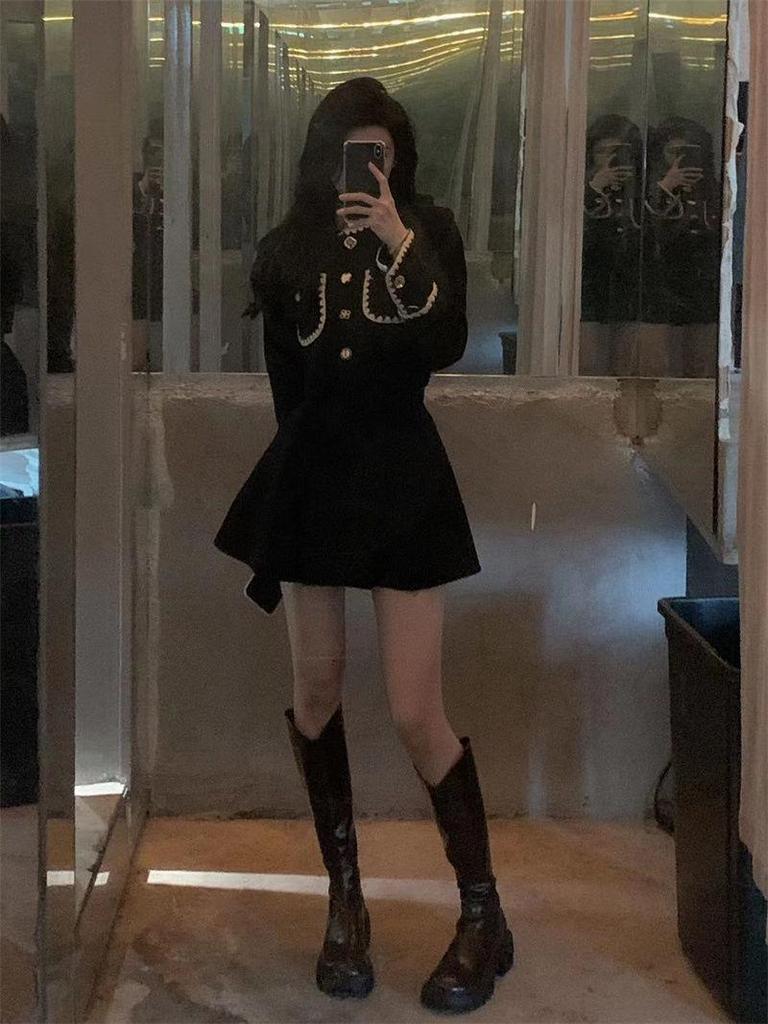 Elegant Miss High-End Fragrance Style: Women's 2024 Autumn/Winter Short Black Coat Set