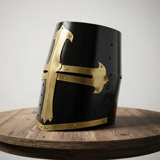Black Medieval Knight Templar Crusader Helmet Steel Armour with Brass Cross Father Halloween Christmas Wedding Gift Decorative