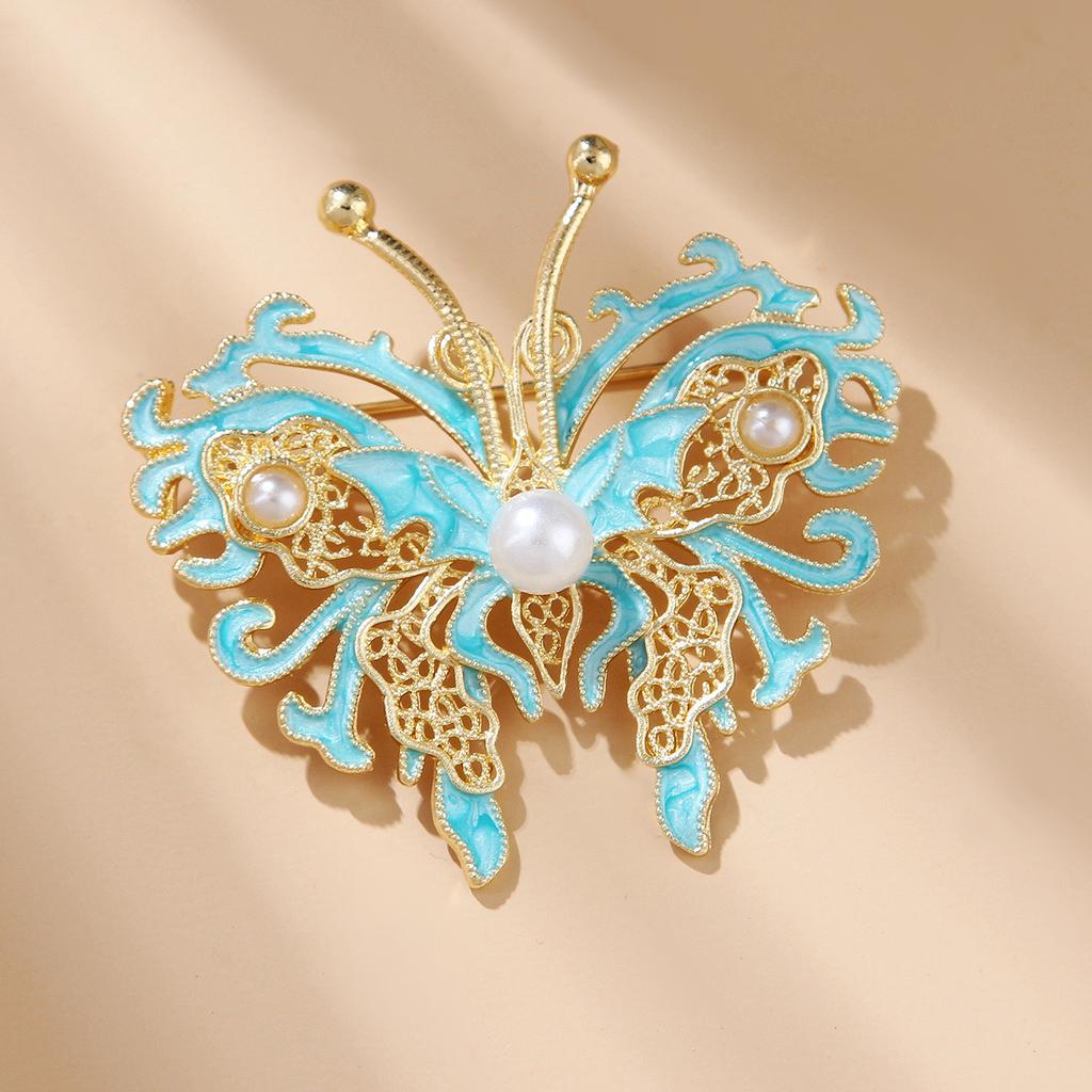 Chinese Style Ethnic Hollowed Out Oil Drop Pearl Butterfly Auspicious Cloud Pendant Brooch Cheongsam Accessories Female Pins Long-Lasting Color Brooch
