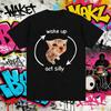 2025Summer Wake Up Act Silly Meme Graphic Funny Cute Cat Print Short Sleeve Men Women Oversized 100% Pure Cotton Printed T-shirt