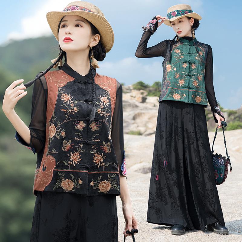 

2025 Women s Ethnic Embroidered Frog Button Sleeveless Cardigan Vest XL чорний