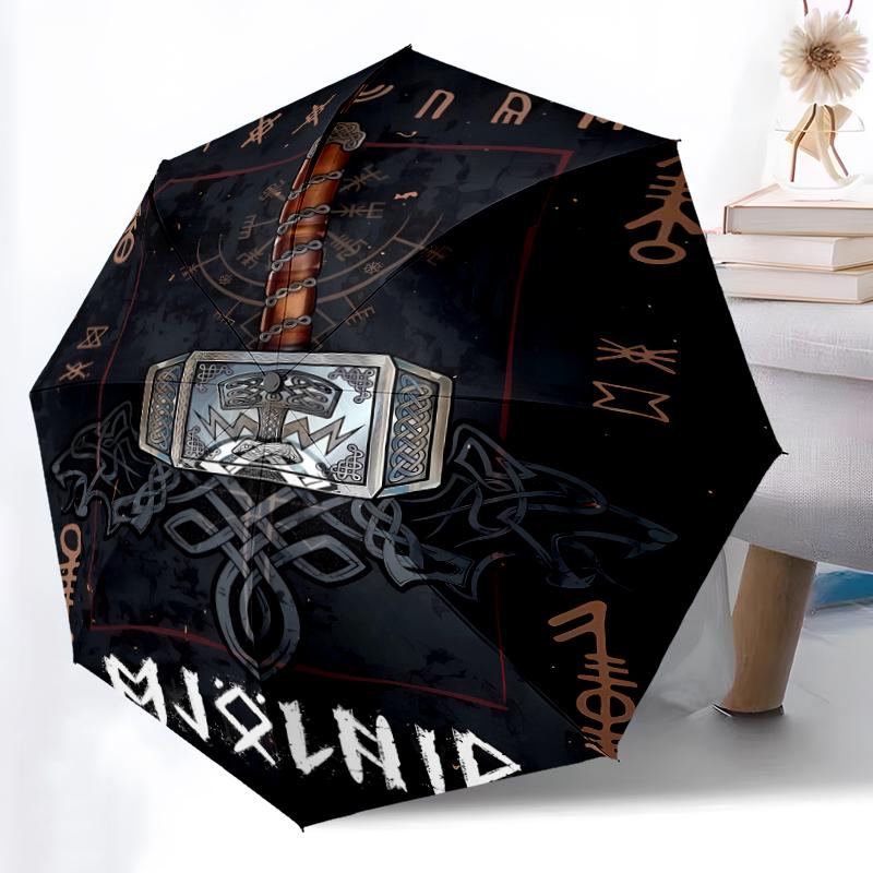 Valknut Print Automatic Umbrella, 8 Rib Iron Frame, Plastic Handle, Suitable for Outdoor Travel &Daily , Ideal Gift