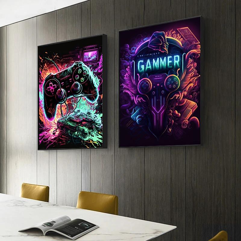 Cooles Gaming Wandbild Leinwandgemälde, Bunter Gamer Controller, Neon Pop Poster und Druck, E-Sports Raumdeko, Geschenk, Ohne Lichter
