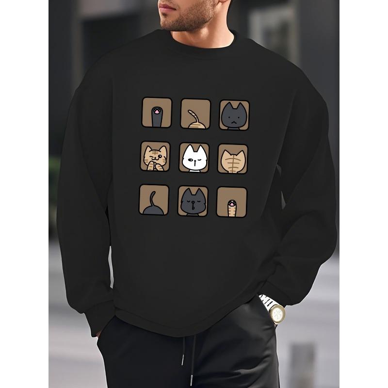 Cat Collection, Cute Cat Print Men'S New Round Neck Sweatshirt Loose Fashion Trendy Casual Sports ' Versatile Top Pullover Shirt
