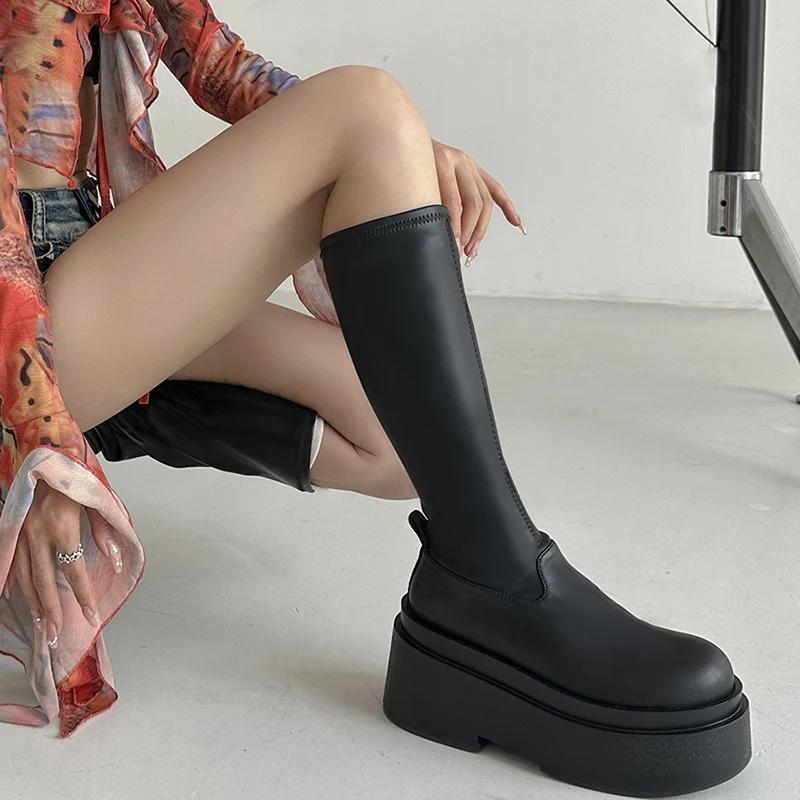 Chunky Women Knee High Boots Fashion Slip On Knight Long Boots Platform Flats Autumn Winter Ladies Shoes
