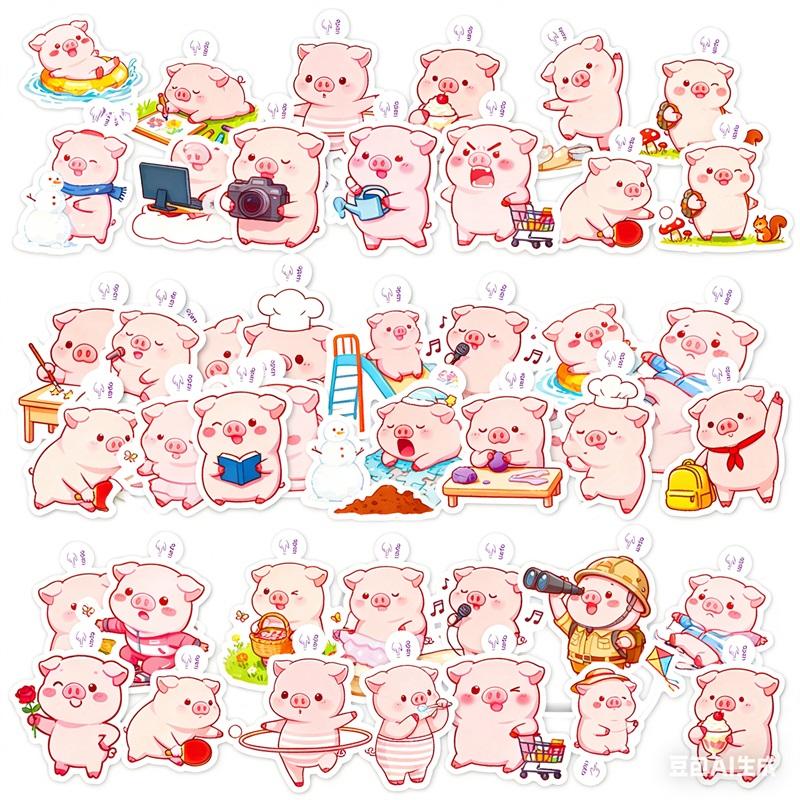 50PCS Cartoon Pink Pig PVC Sticker Aesthetic Colored DIY Sticky Decoration Scrapbooking Hand Accounting Supplies