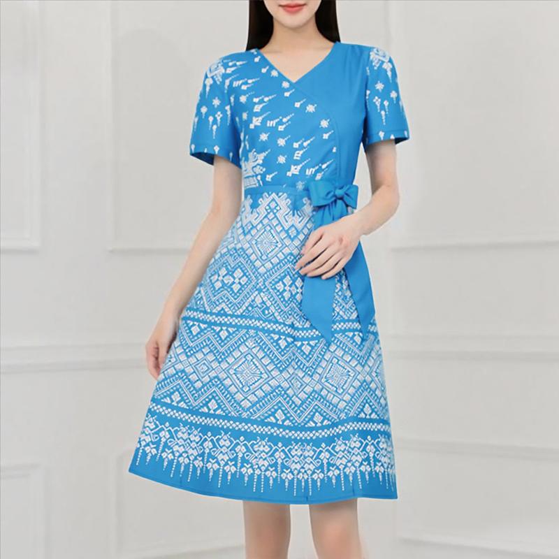 ZANZEA Women V-Neck Casual Short Sleeve Summer Print Dress