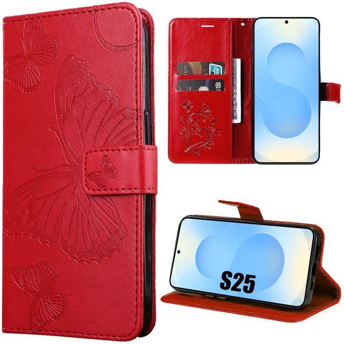 Coque de protection - BOOLING - Samsung Galaxy S25 - Antichoc - Cuir PU - Motif Papillon Rouge