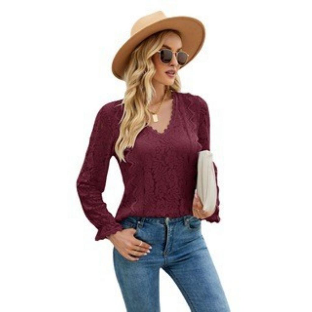 Autumn New Women's Solid Color Hollow Lace Long Sleeve Sexy Knit Lace Top, Amazon Europe America Cross-border Style