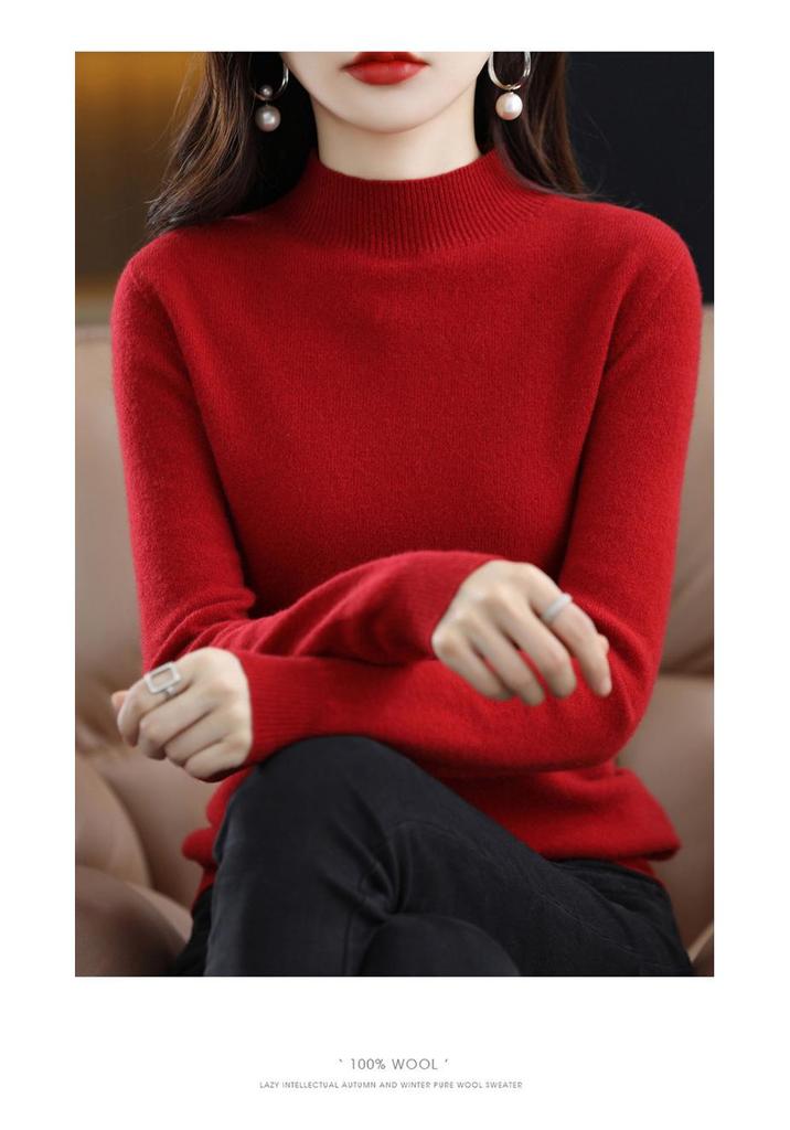 Women's Cashmere Knit Sweater - 2023 Autumn/Winter, Half-High Neck, Slimming Fit, Solid Color Pullover