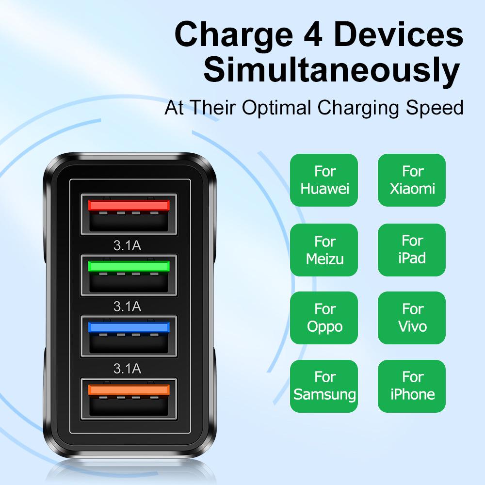 Colorful 4-USB 3A Travel Charger for Phone & Tablet: Multi-Standard (EU/US/UK)