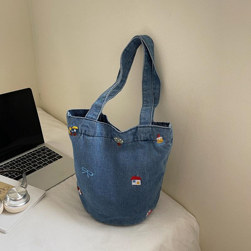 Large Capacity Denim Bag Women Embroidered Handbag Shoulder Bag