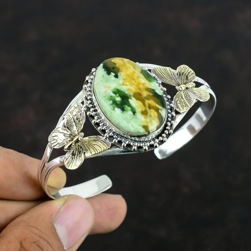Australian Chrome Chalcedony Bangle Real Gemstone Cuff Bracelet 925 Sterling Silver Bangle 18K Gold Plated Butterfly Cuff Adjustable Bangle