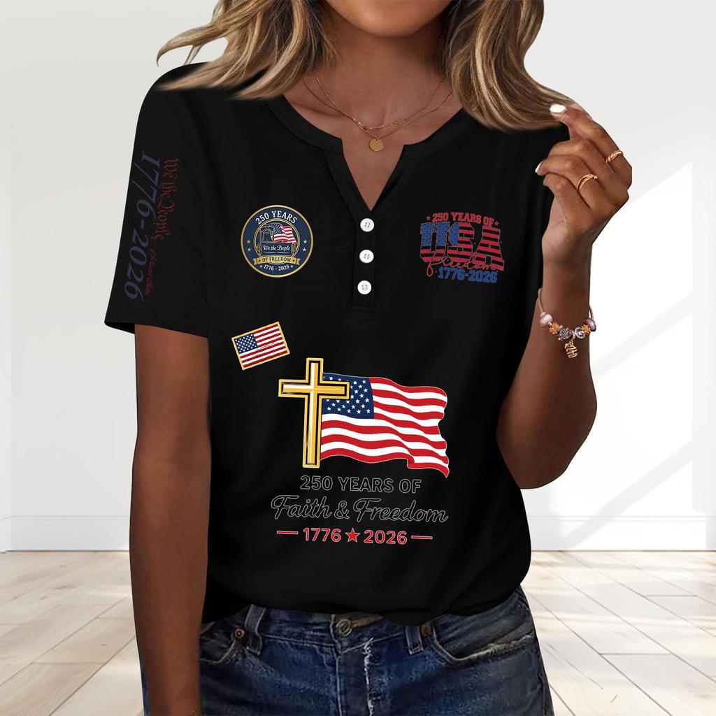 Women's Fashion Casual 250th Anniversary Independence Day Print V-Neck Short Sleeve Decorated Button-Up T-Shirt