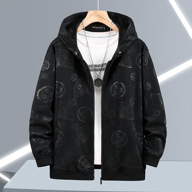 Plus Size Spring and Autumn Enlarged Men's Hooded Cardigan Jacket Loose Zipper Jacket Hooded Fashion Printed Jacket