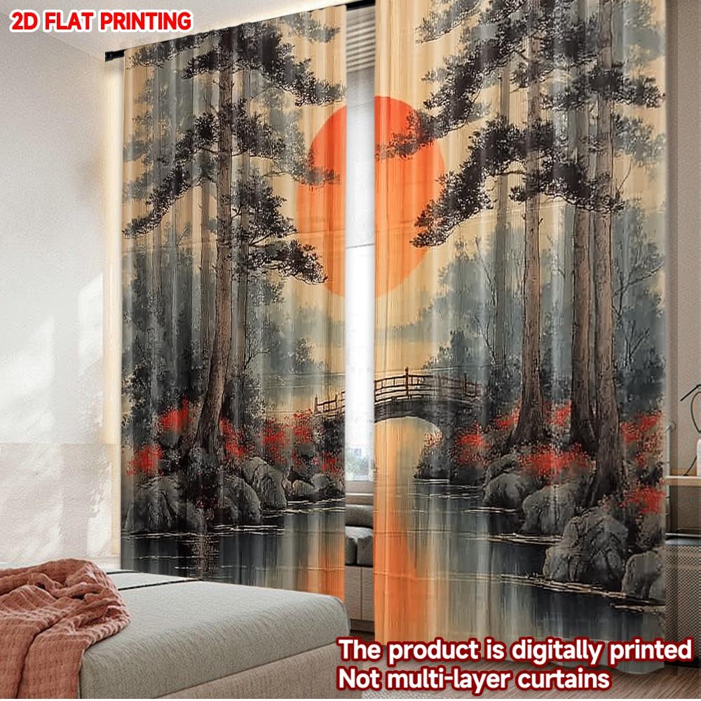 

2pcs Forest River Landscape Curtains Digital Printing Scenic View with Stone Bridge Red Sun for Nature Themed Bedroom Decor 100*130 Rod Pocket 1pcs