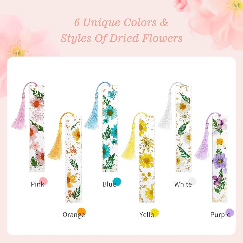 Leezmark 6 Pcs Resin Dried Flower Bookmarks, Transparent Dried Floral Bookmark Cute Pressed Flower Bookmark with Tassels, Gifts for Readers, Page