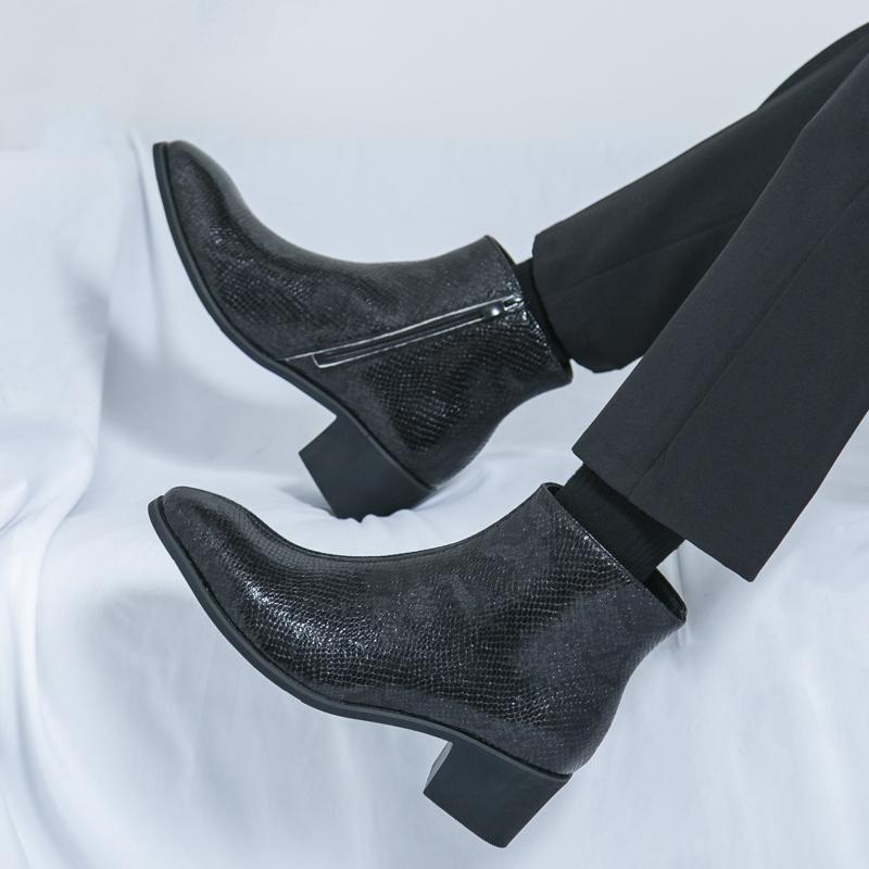 Party men's high top leather shoes Thick bottomed trendy design style nightclub Adults Plus Size 38-46 Classic black boots