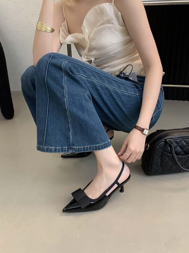 Women s Patent Leather Pointed Toe Open Back Bowknot Spring French Style Sandals - Perfect for Daily Wear 35