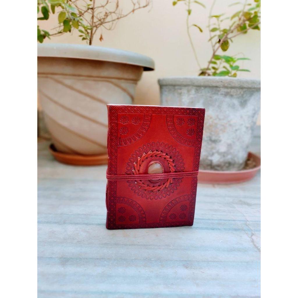 Semi Precious Stone Embossed Leather Bound Notebook, Stoned Leather Journal, Unlined Leather Notebook Handmade Diary Medium Size 5 by 7