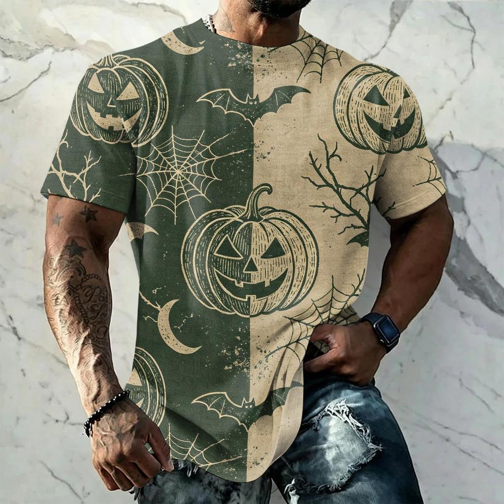 Men's Halloween Vintage Short Sleeve T Shirt Loose Breathable Summer Sports Street Casual Everyday Top with Pumpkin and Bat Print