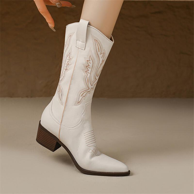 Fashion Autumn Winter Split Leather Women Boot Fashion Embroidery PointedToe Boots for Women Mid-calf Boots Botines Mujer Knight Boots