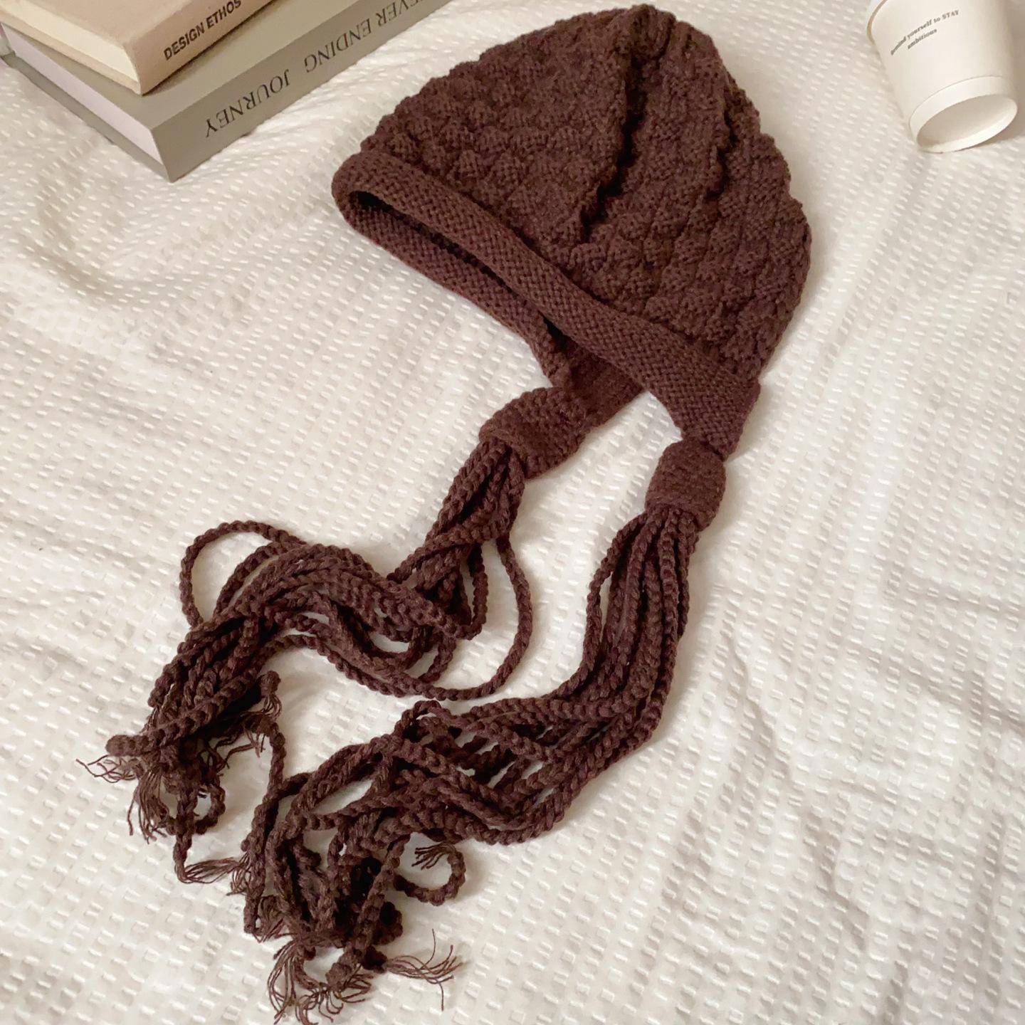 

Japanese knitted geometric fringed hat versatile personalized headscarf bag head design sense headgear women