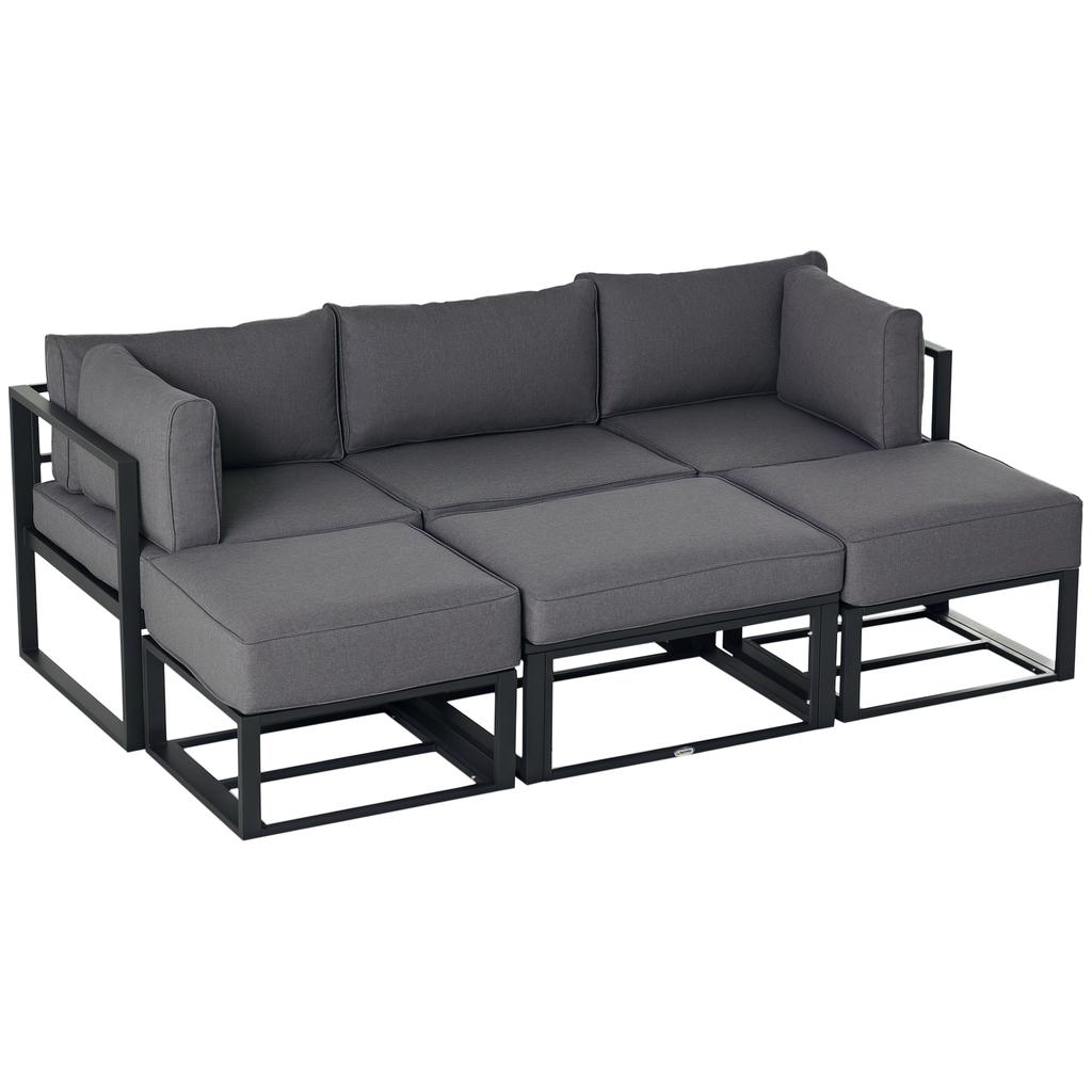 Garden Daybed, 6 Piece Outdoor Sectional Sofa Set, Aluminum Patio Conversation Furniture Set with Coffee Table, Footstool and Cushions, Grey