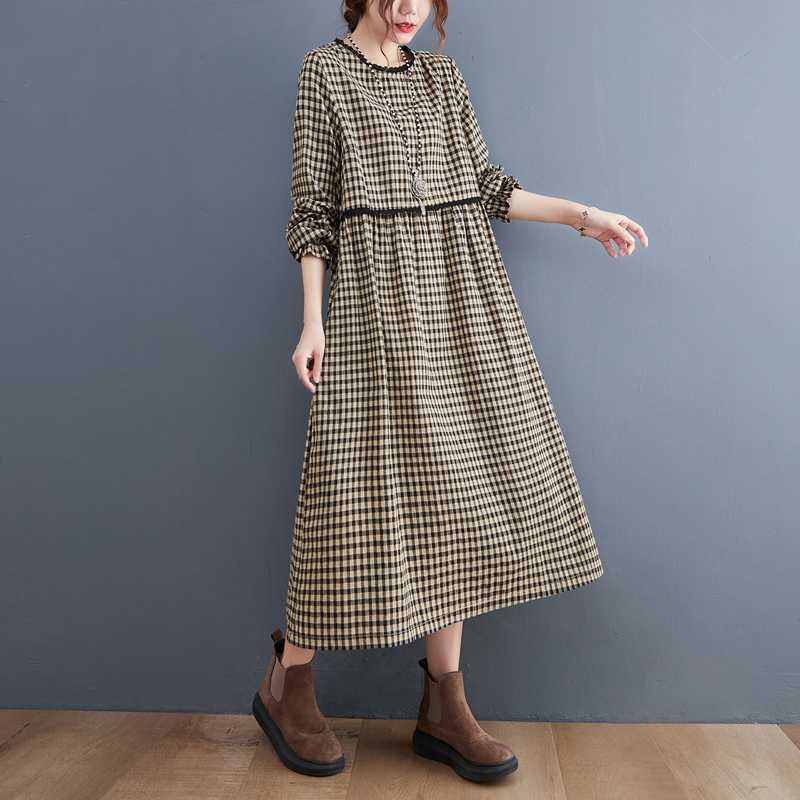 Women s Gingham Check Linen Blend Dress with Ruffled Neckline Long Sleeve Casual Midi Dress M