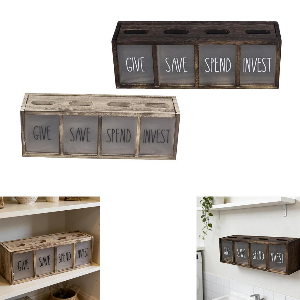 Cofrinho Rústico Organizador de Poupança Porquinho de Madeira Pote Transparente para Moedas Suporte de Parede Diário para Decoração de Quarto Infantil