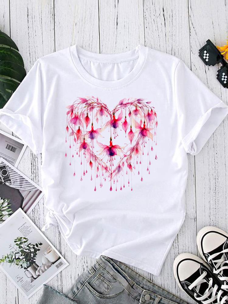 (Asian Size) Women's Clothing T watercolor cute love Graphic Female Top O-neck Tee Fashion Print Casual Short Sleeve T-shirts