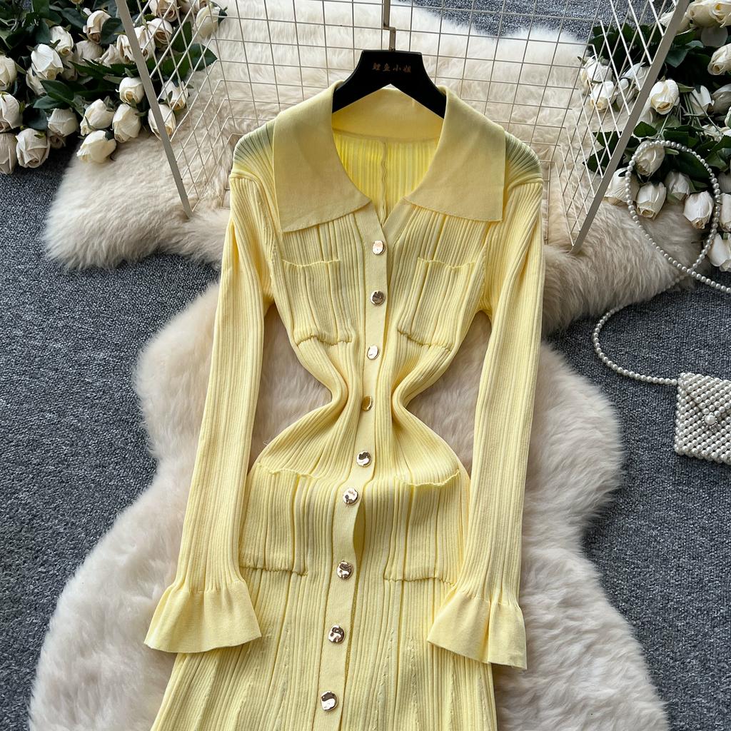 Toamnă Primăvară Femei Rochii de Petrecere de Pe Catwalk Mânecă Largă Pulover Tricotat Nasturi Unici Rochie Lungă Maxi Tip Sirenă