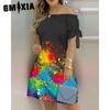 GMXIA Women Fashion Off Shoulder Dress Short Sleeve Bow Tie Print Dresses Summer Beach Dresses Plus Size
