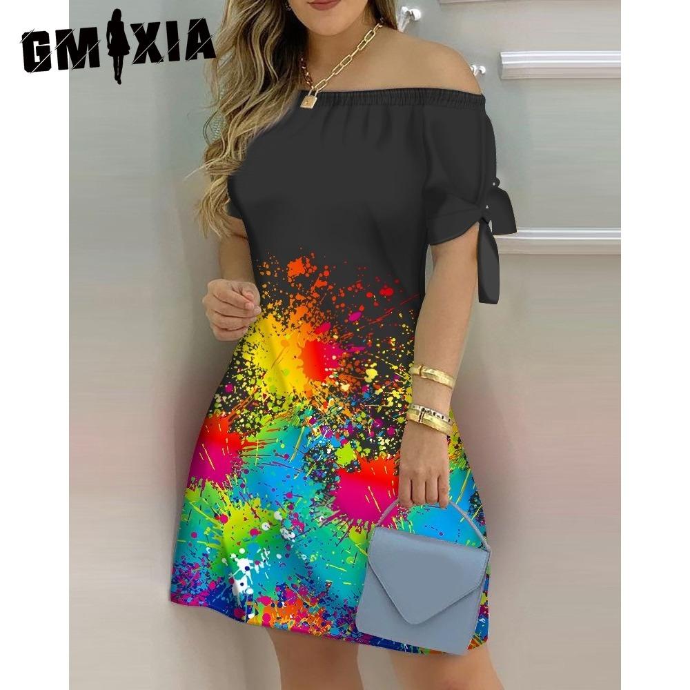 GMXIA Women Fashion Off Shoulder Dress Short Sleeve Bow Tie Print Dresses Summer Beach Dresses Plus Size
