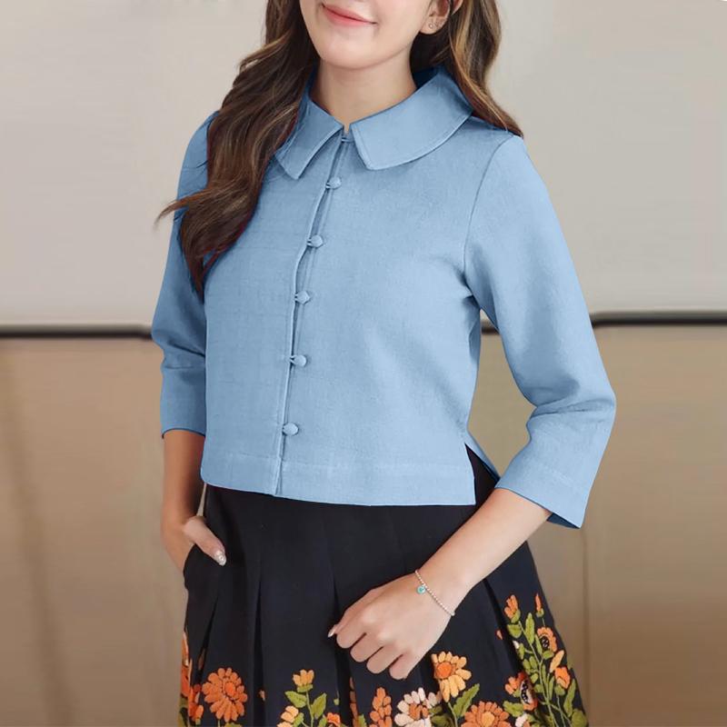 

ZANZEA Женская повседневная блузка свободного кроя с кукольным воротником, однотонная, с рукавами 3/4 L синий