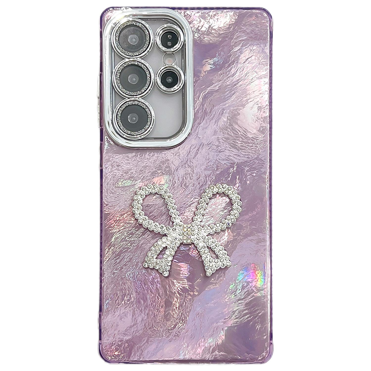 

For Samsung Galaxy S24 Ultra Case Big Bow Decor IMD PC+TPU Phone Cover with Glass Lens Film Foil Pattern/Purple