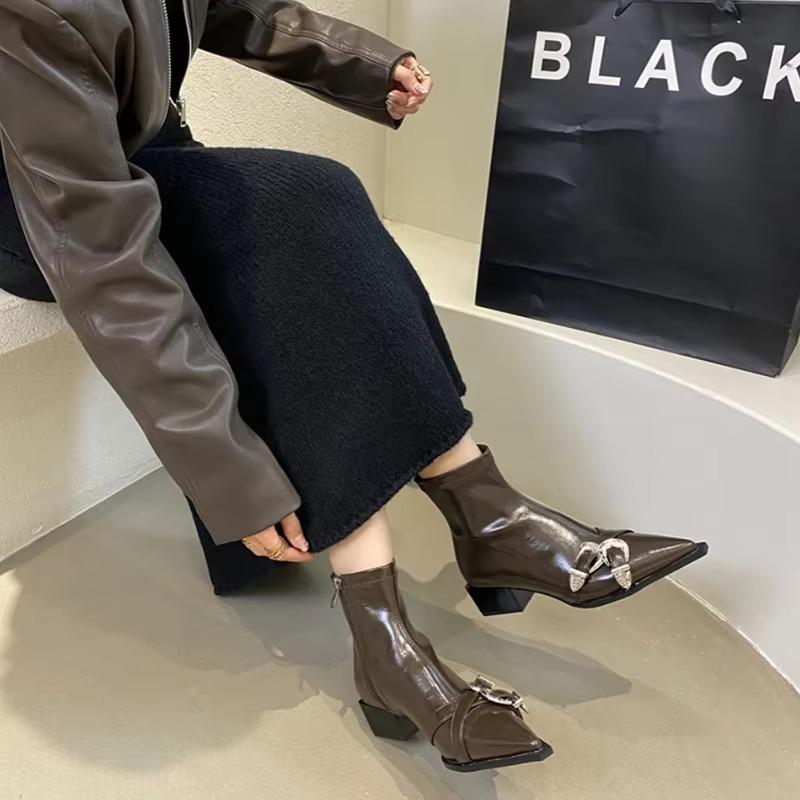 Fashion Designer Pointed Toe Women Ankle Boots Fashion Thick Heel Slimming Short Booties Autumn Winter Female Shoes 2024 New
