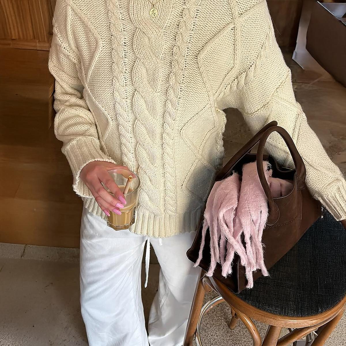 

Повседневный простой свитер с длинным рукавом для женщин 2025 Осень и Зима S белый