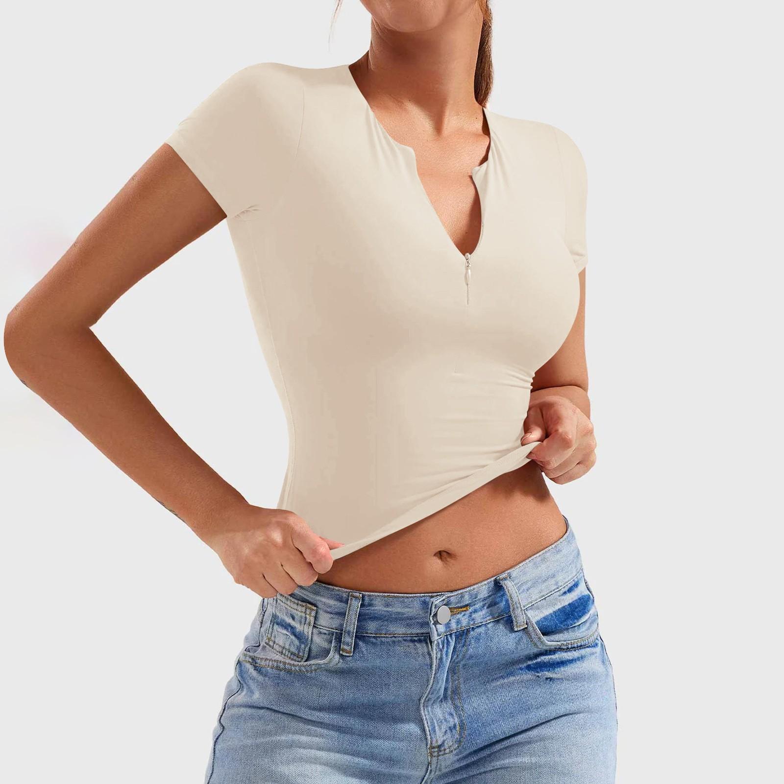 

Женский облегающий модный топ для йоги с короткими рукавами и застежкой-молнией на половину длины L бежевый