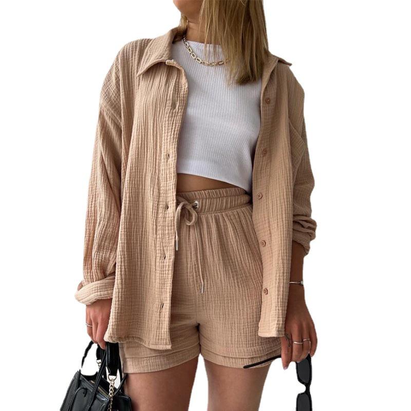 2024 Autumn Women's Two-Piece Set: Wrinkled Long Sleeve Shirt & High Waist Drawstring Shorts