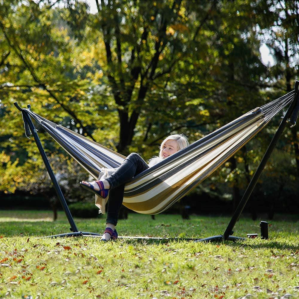 Double Horn Outdoor Camping Canvas Hammock with Iron Frame Stand