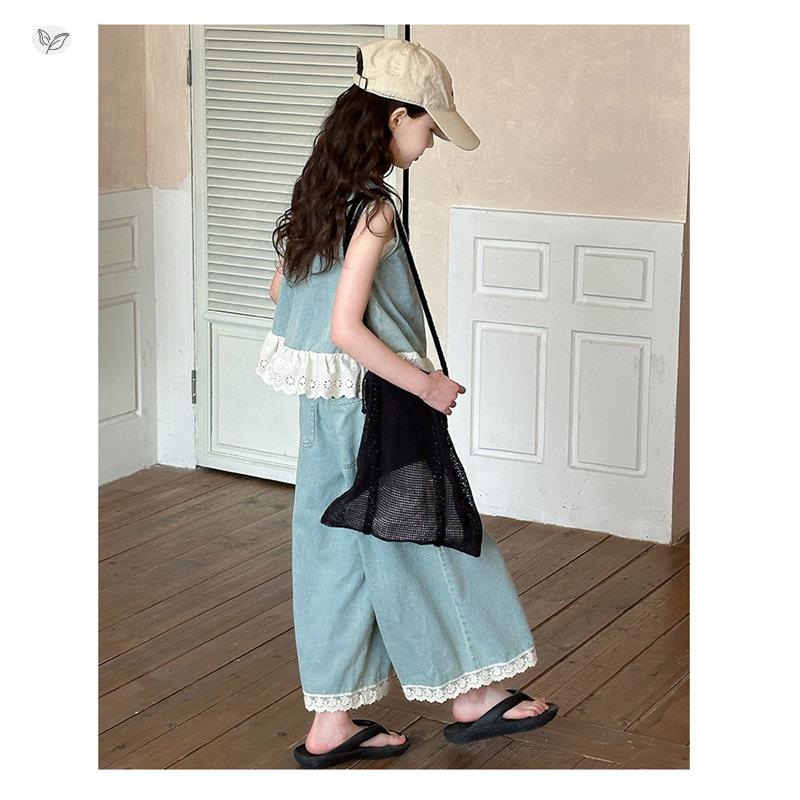 Summer 2026 Girls' Tencel Set: Sleeveless Denim Top & Lace Loose Pants