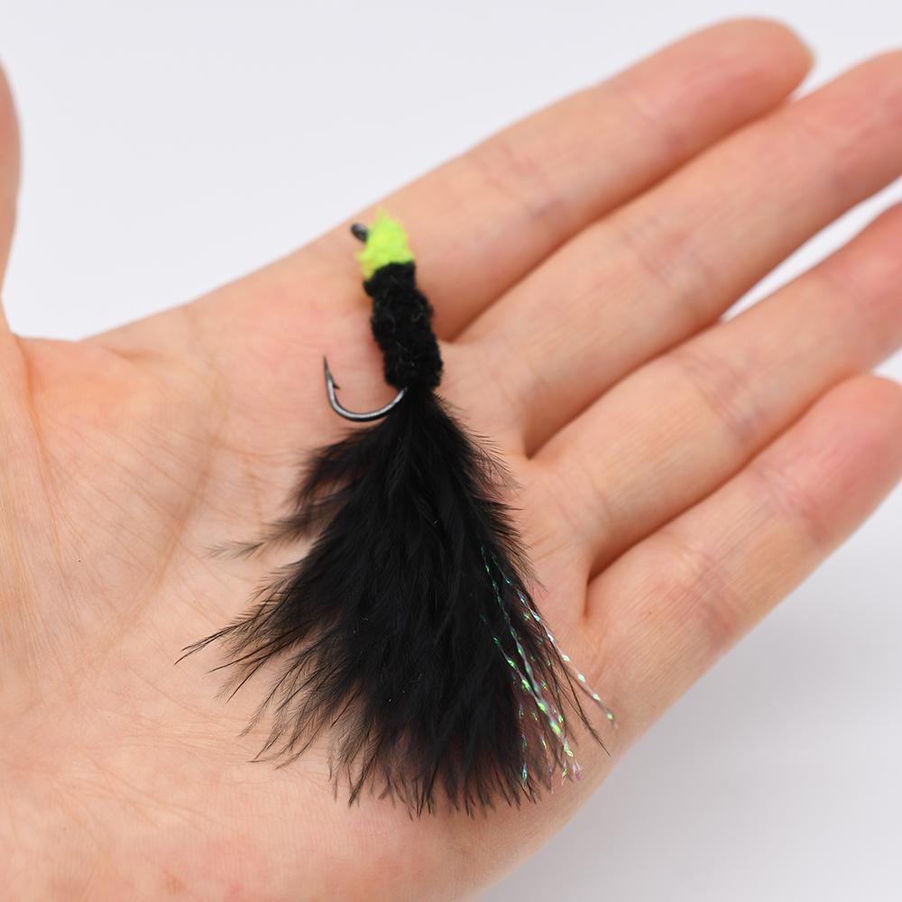 MNFT 6PCS 6# Black Egg Sucking Leech Fly Yellow Head Marabou with Flashabou Trout Fishing Streamer