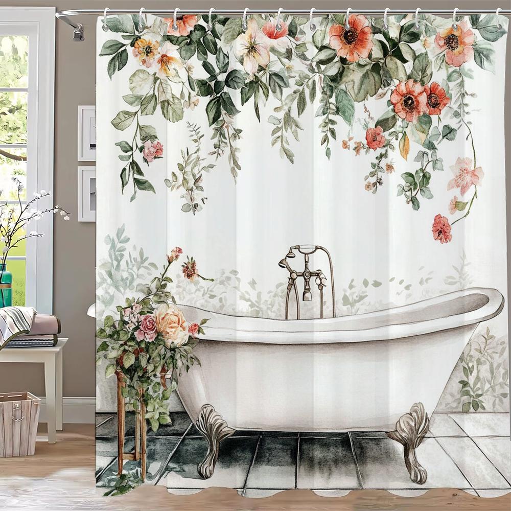 Tropical Plants Bathtub Shower Curtain, Green Leaves Art Bathroom Decorative Curtain, Printed Polyester Curtain with Hooks